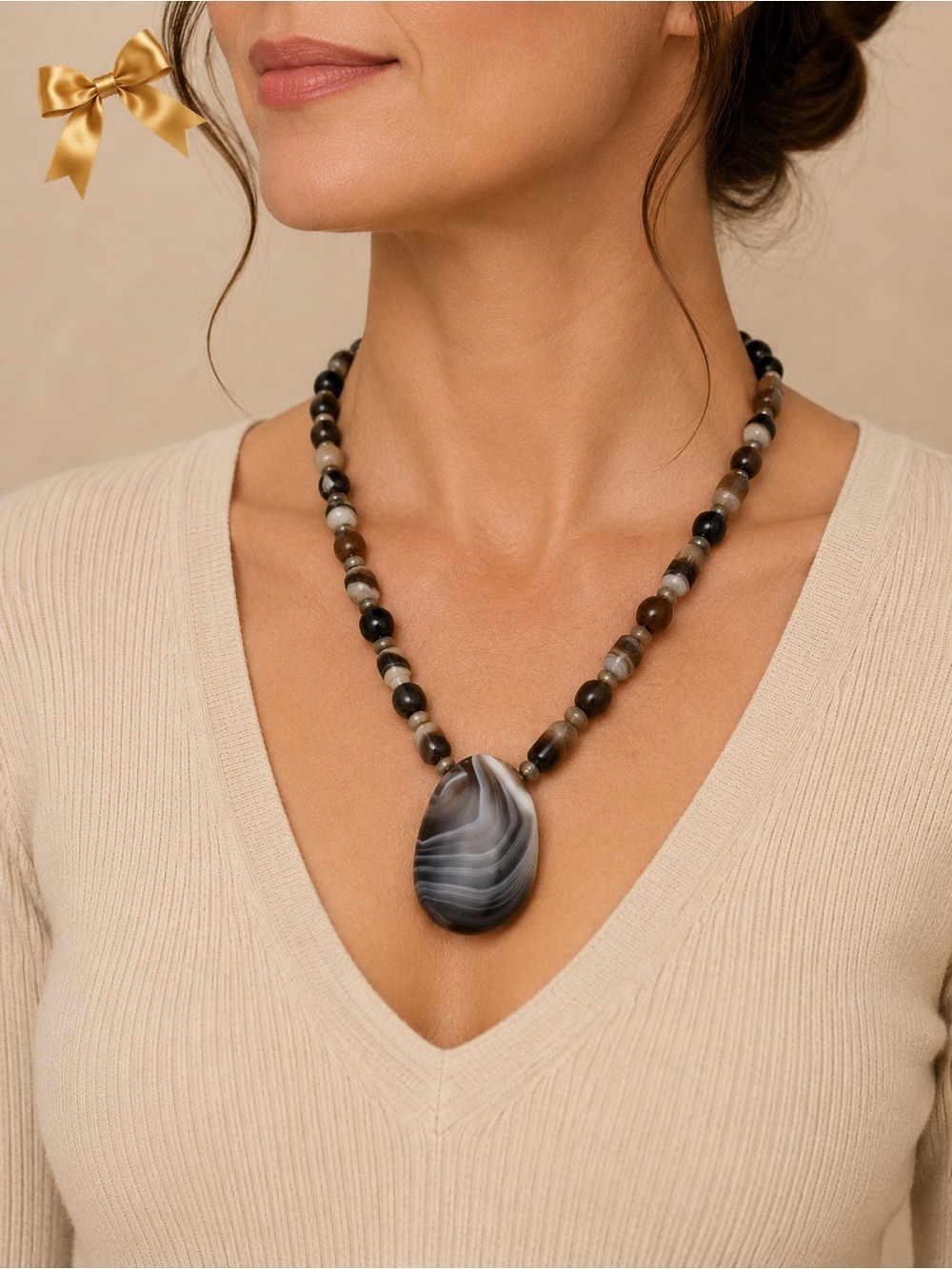 Polished Stone 15 Inch Professionally Made Necklace Cream Grey Black Brown NEW